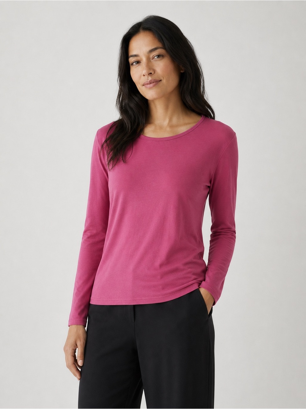 Eileen Fisher Silk Pink Long Sleeve Crewneck Top Business Casual Classic
